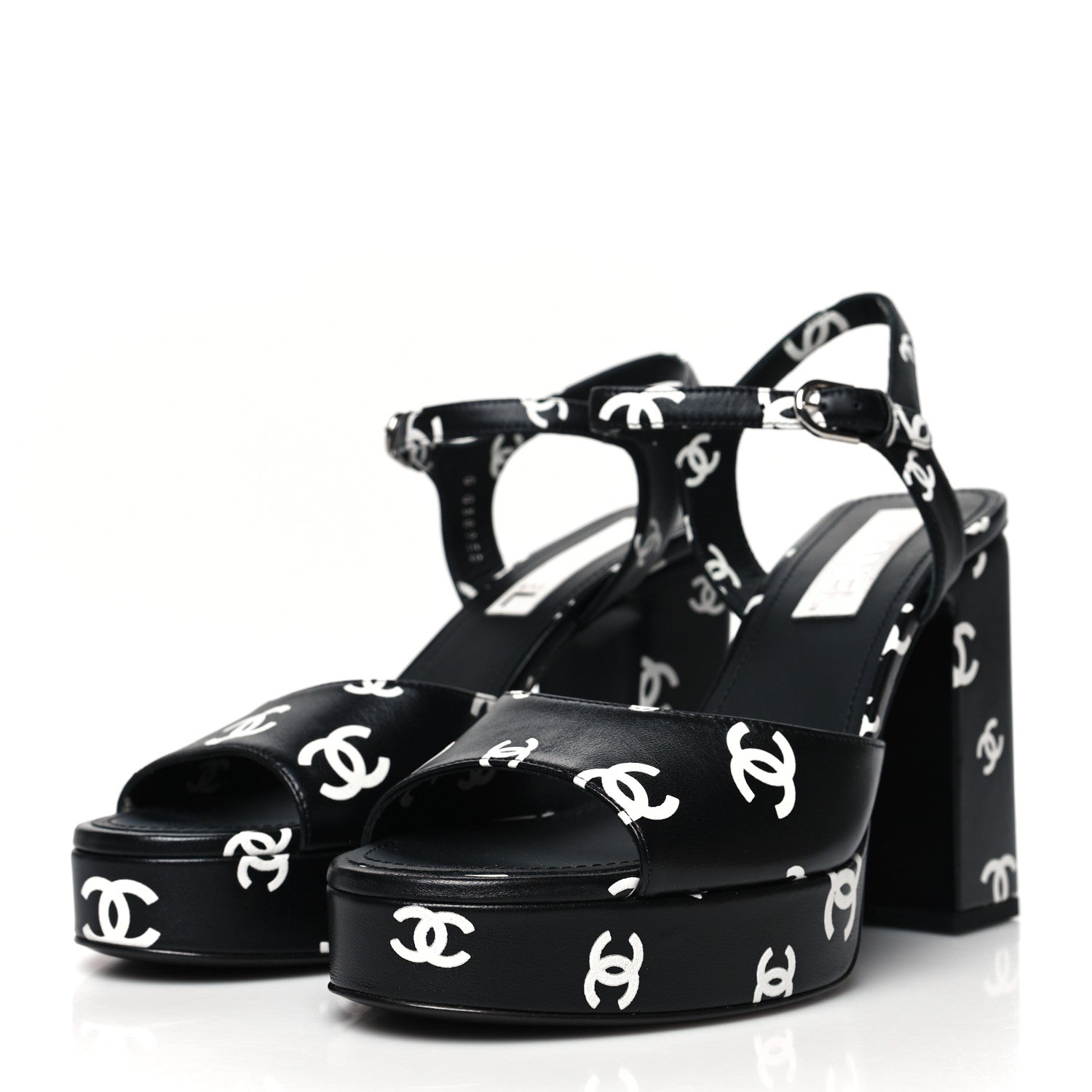 Chanel Printed Lambskin CC Platform Sandals 40 Black White 3 of 9