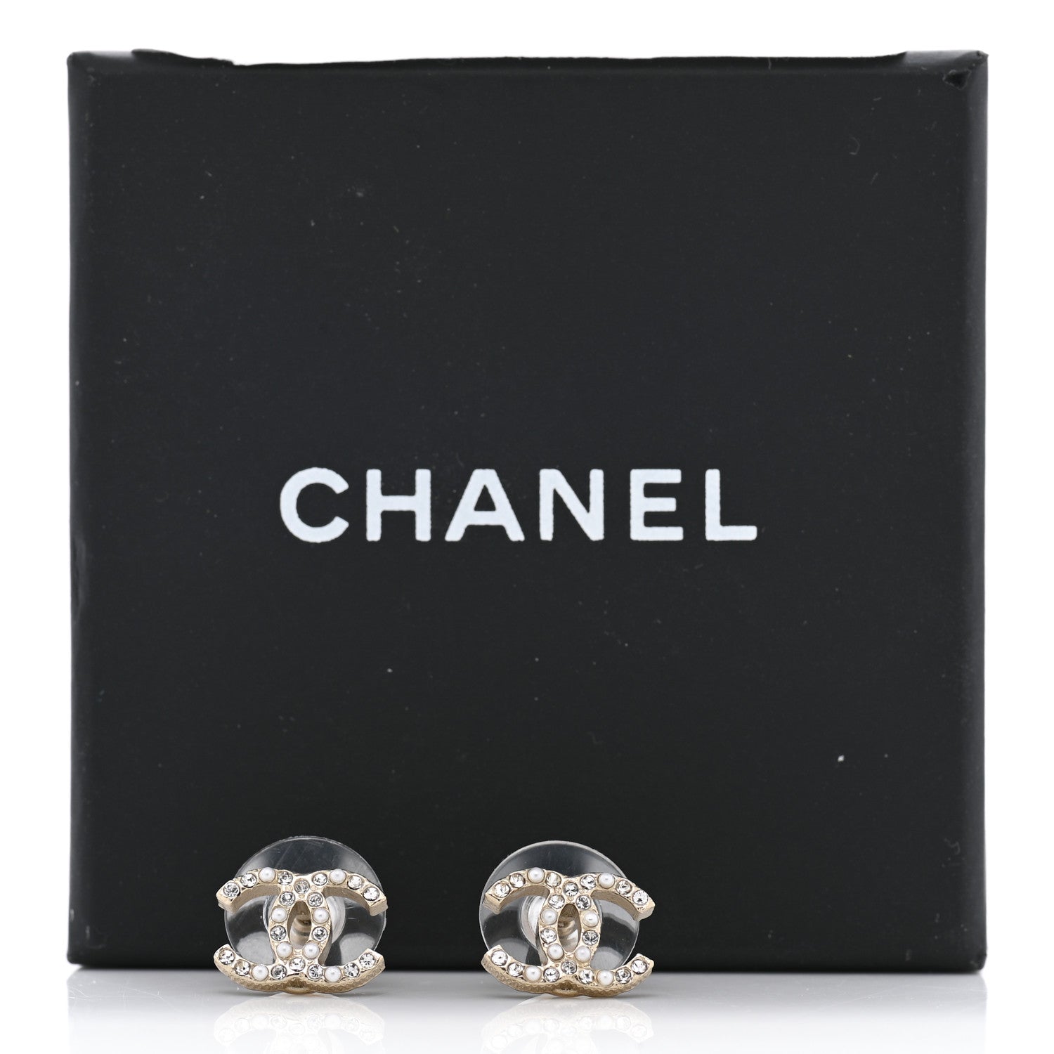 Chanel Pearl Crystal CC Charms Stud Earrings Light Gold 5 of 5