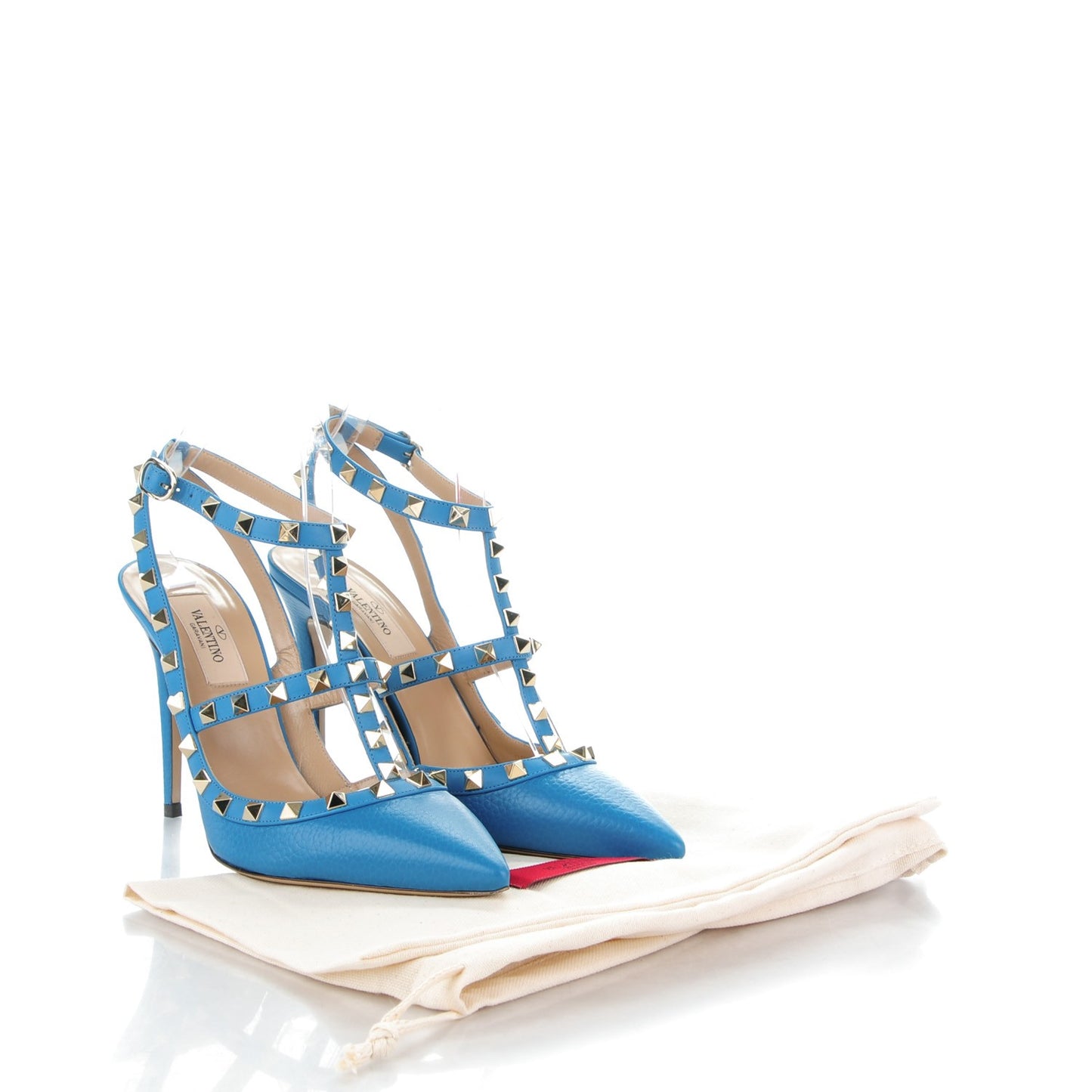 Pebbled Calfskin Rockstud Ankle Strap Pumps 38 Light Blue
