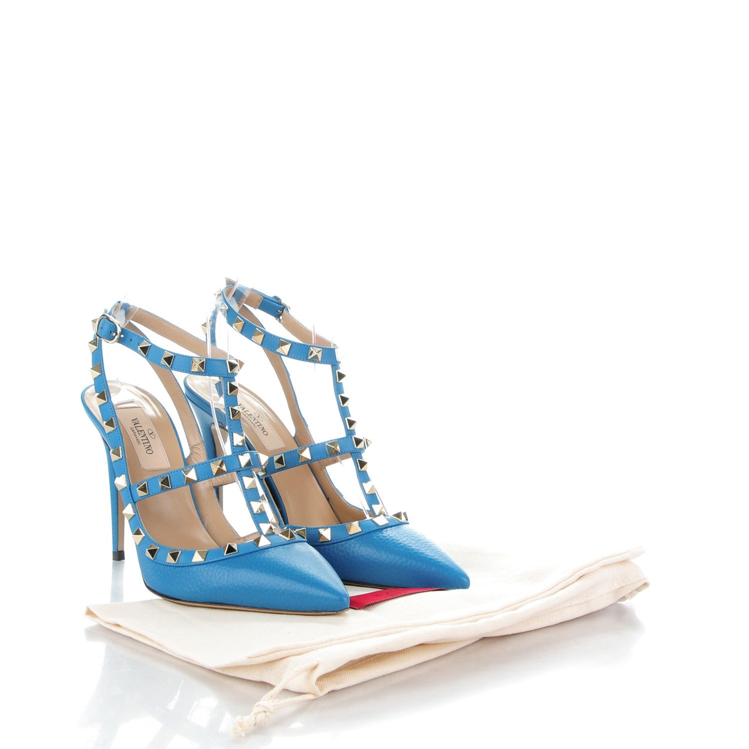 Valentino Garavani Pebbled Calfskin Rockstud Ankle Strap Pumps 38 Light Blue 5 of 8
