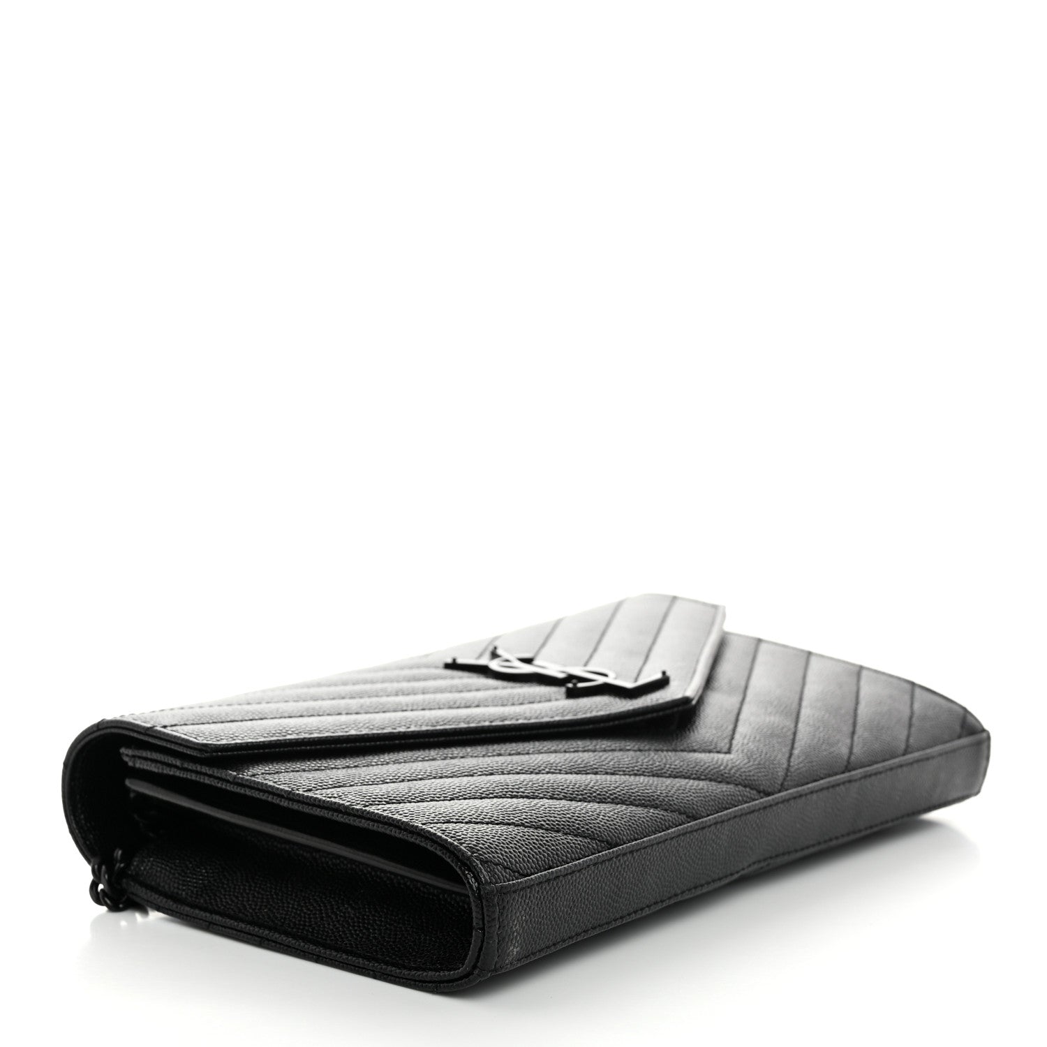 Saint Laurent Grain De Poudre Matelasse Chevron Monogram Monochrome Chain Wallet Black 4 of 10