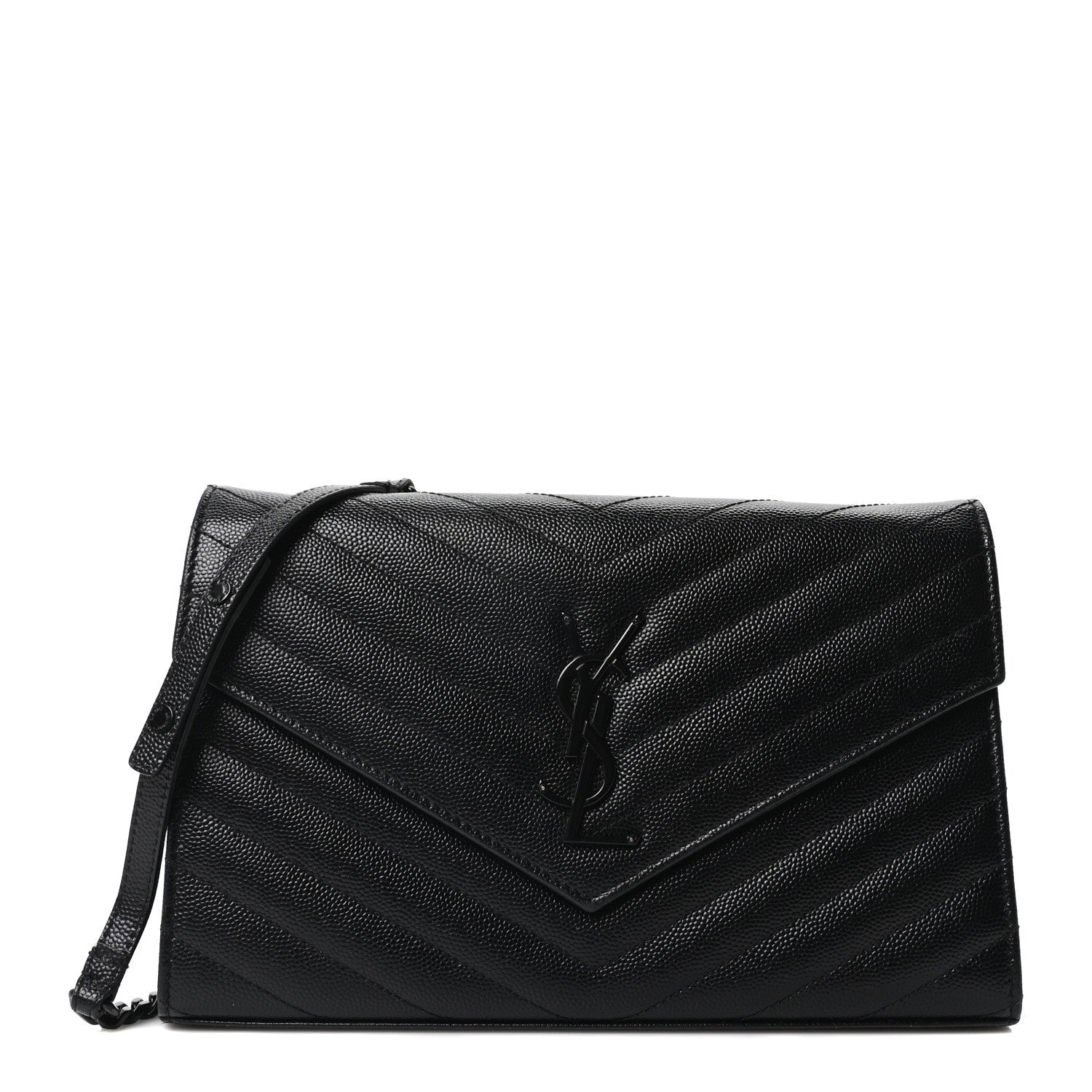 Saint Laurent Grain De Poudre Matelasse Chevron Monogram Monochrome Chain Wallet Black 2 of 17