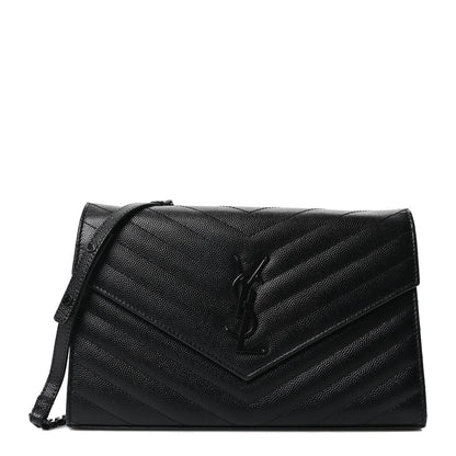 Saint Laurent Grain De Poudre Matelasse Chevron Monogram Monochrome Chain Wallet Black 2 of 17