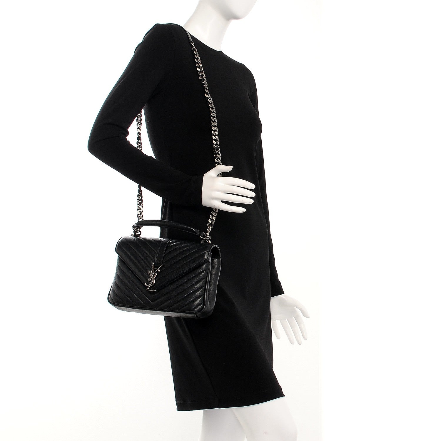 Saint Laurent Sheepskin Matelasse Chevron Monogram Medium College Bag Black 2 of 10