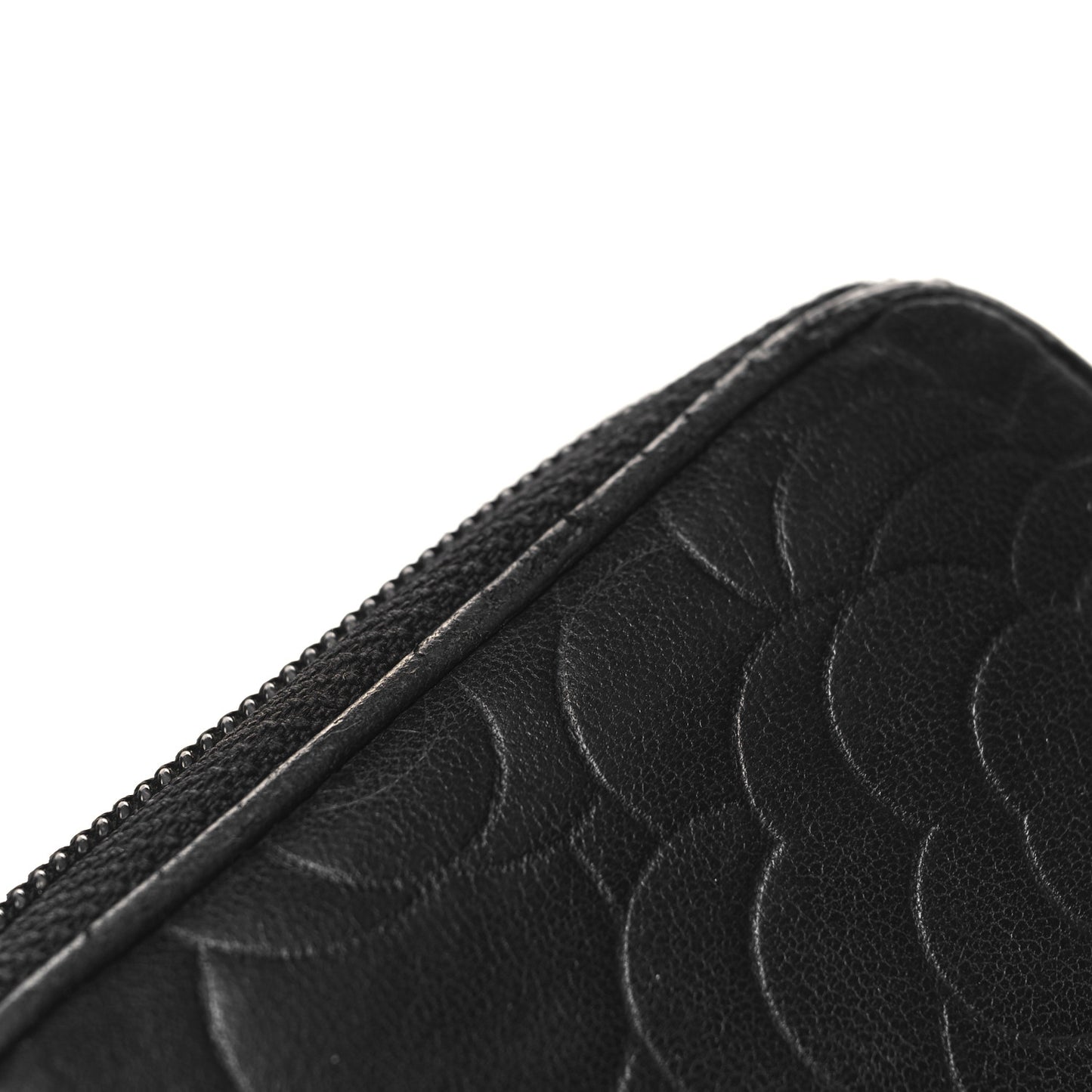 Lambskin Camellia Embossed Large Zip Around Gusset Wallet Black