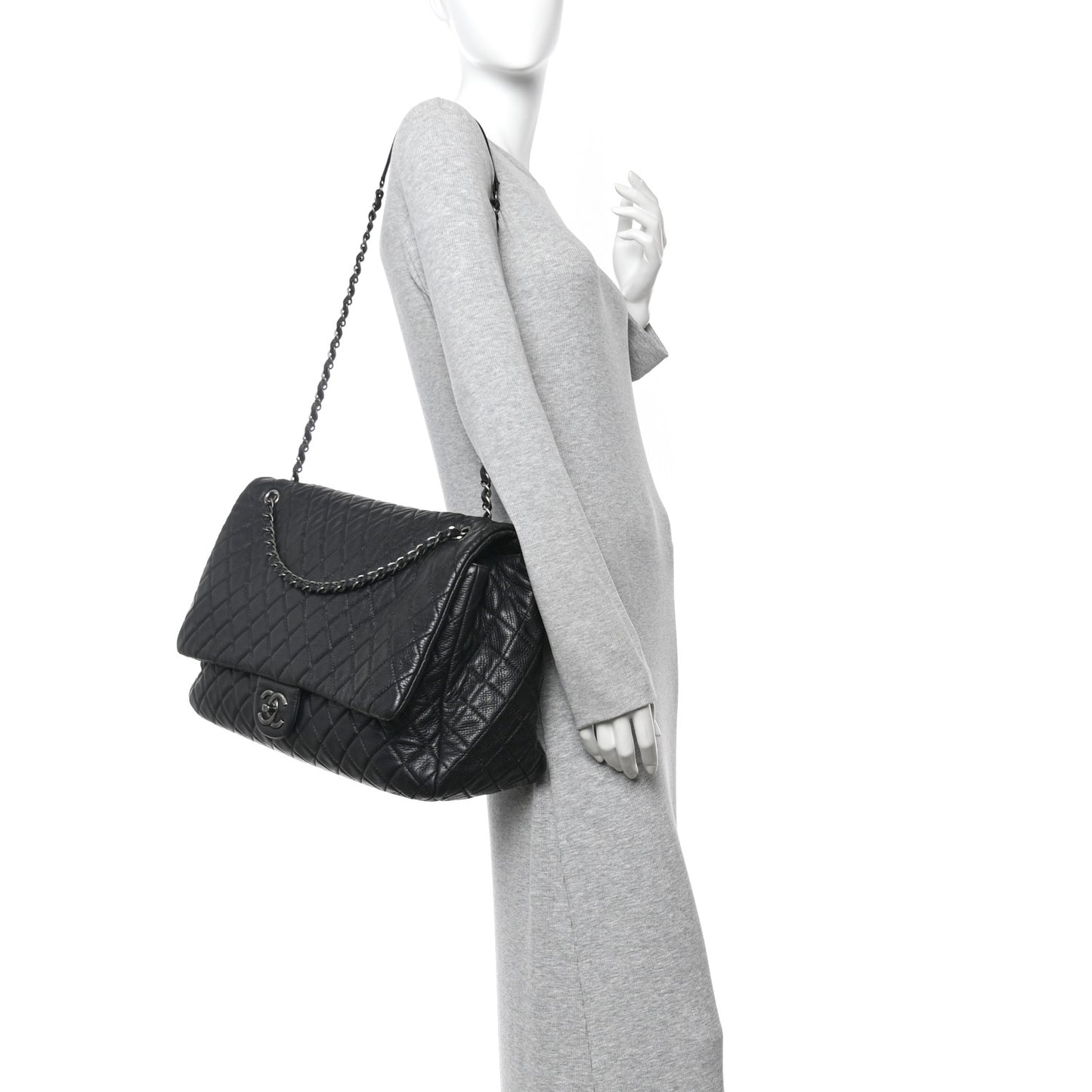 Calfskin Quilted XXL Travel Flap Bag Black