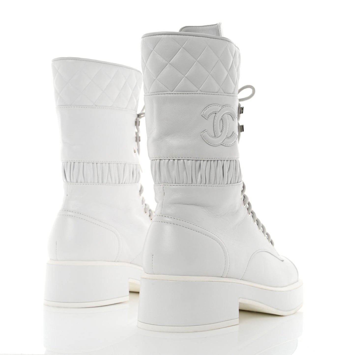 Lambskin Quilted Lace Up Combat Boots 36.5 White