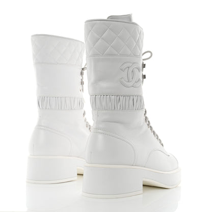 Chanel Lambskin Quilted Lace Up Combat Boots 36.5 White 4 of 9