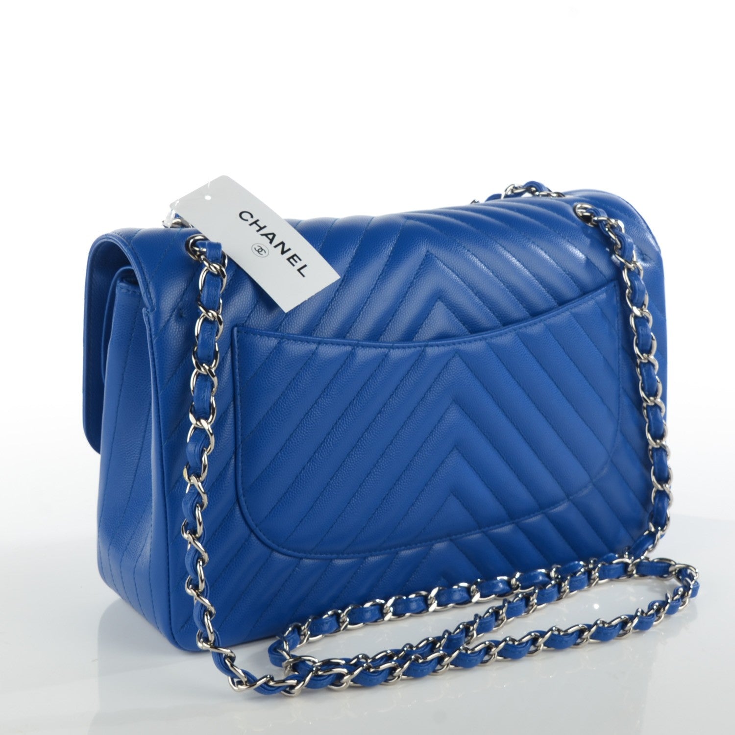 Chanel Caviar Chevron Quilted Jumbo Double Flap Bright Blue 3 of 9