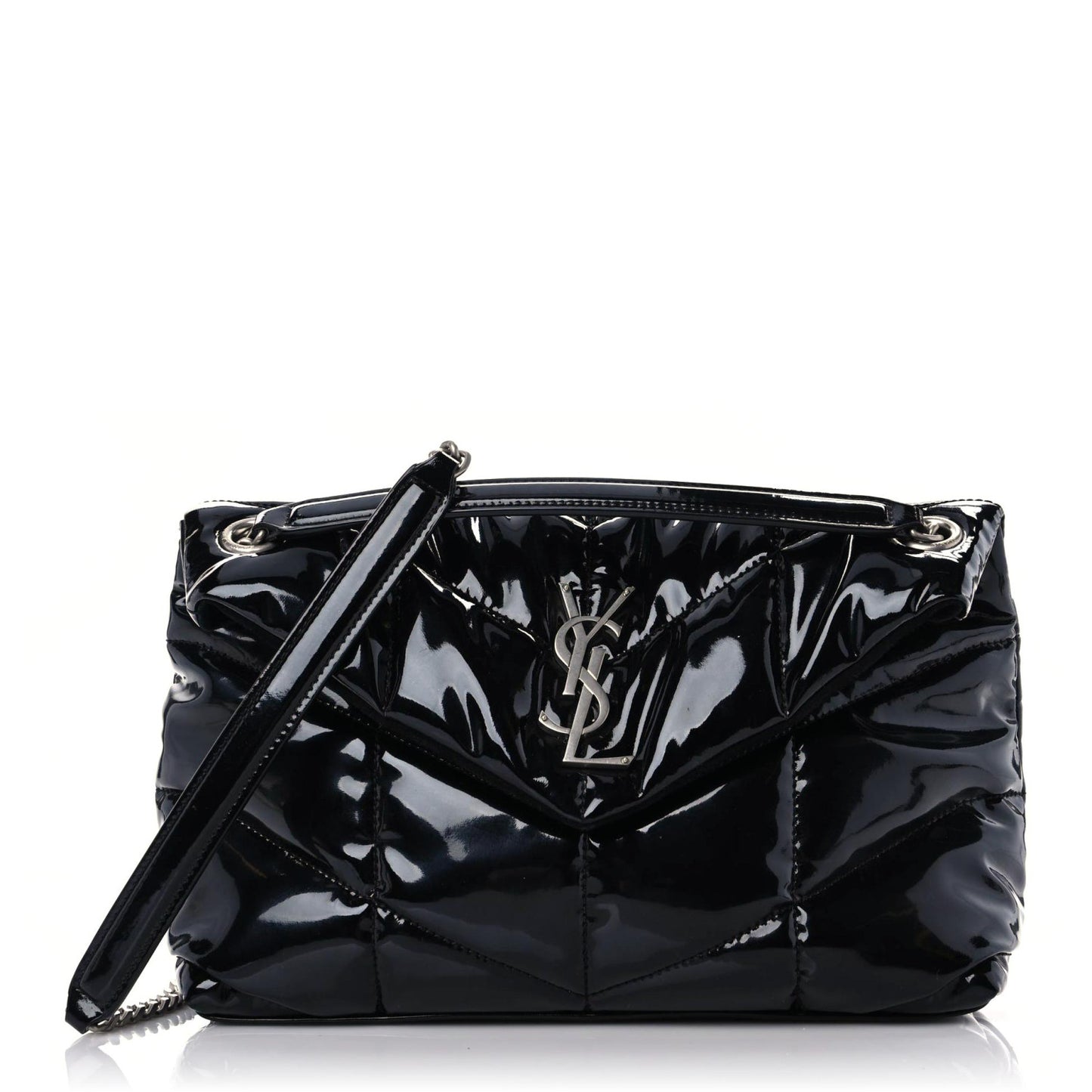 Patent Lambskin Quilted Medium Loulou Puffer Monogram Chain Satchel Black