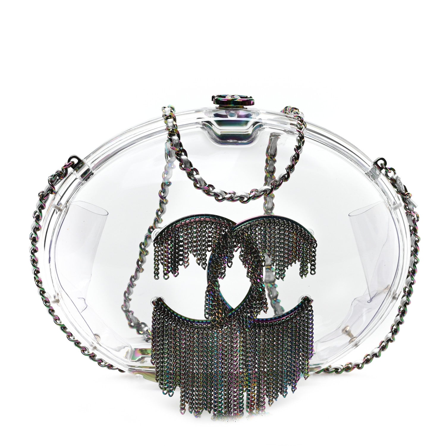 Chanel Plexiglass Iridescent Chain Fringe CC Clutch Clear 1 of 10