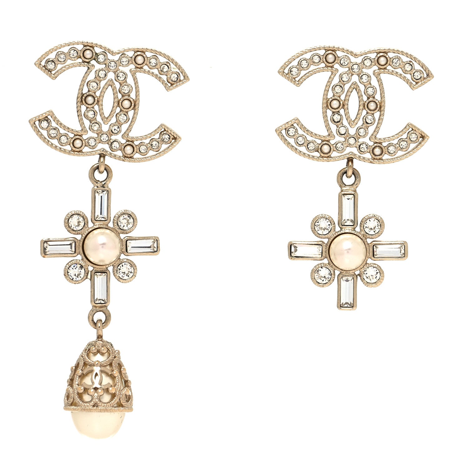 Chanel Metal Pearl Crystal CC Twist Teardrop Drop Earrings Gold 1 of 3
