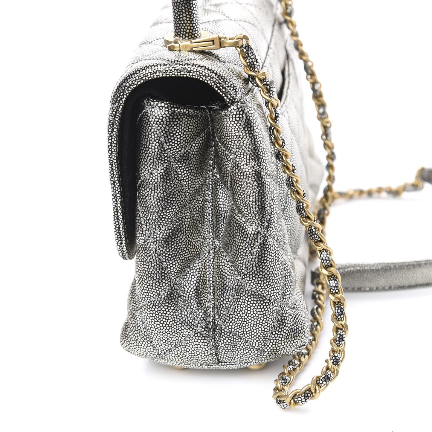 Metallic Caviar Quilted Mini Coco Handle Flap Silver