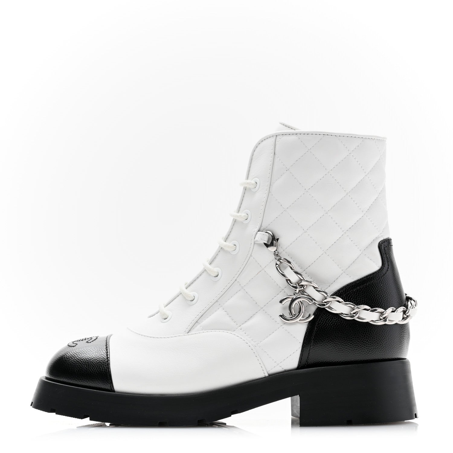 Chanel Caviar Calfskin Quilted Chain Lace Up Combat Boots 38 White Black 1 of 10