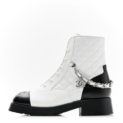 Chanel Caviar Calfskin Quilted Chain Lace Up Combat Boots 38 White Black 1 of 10