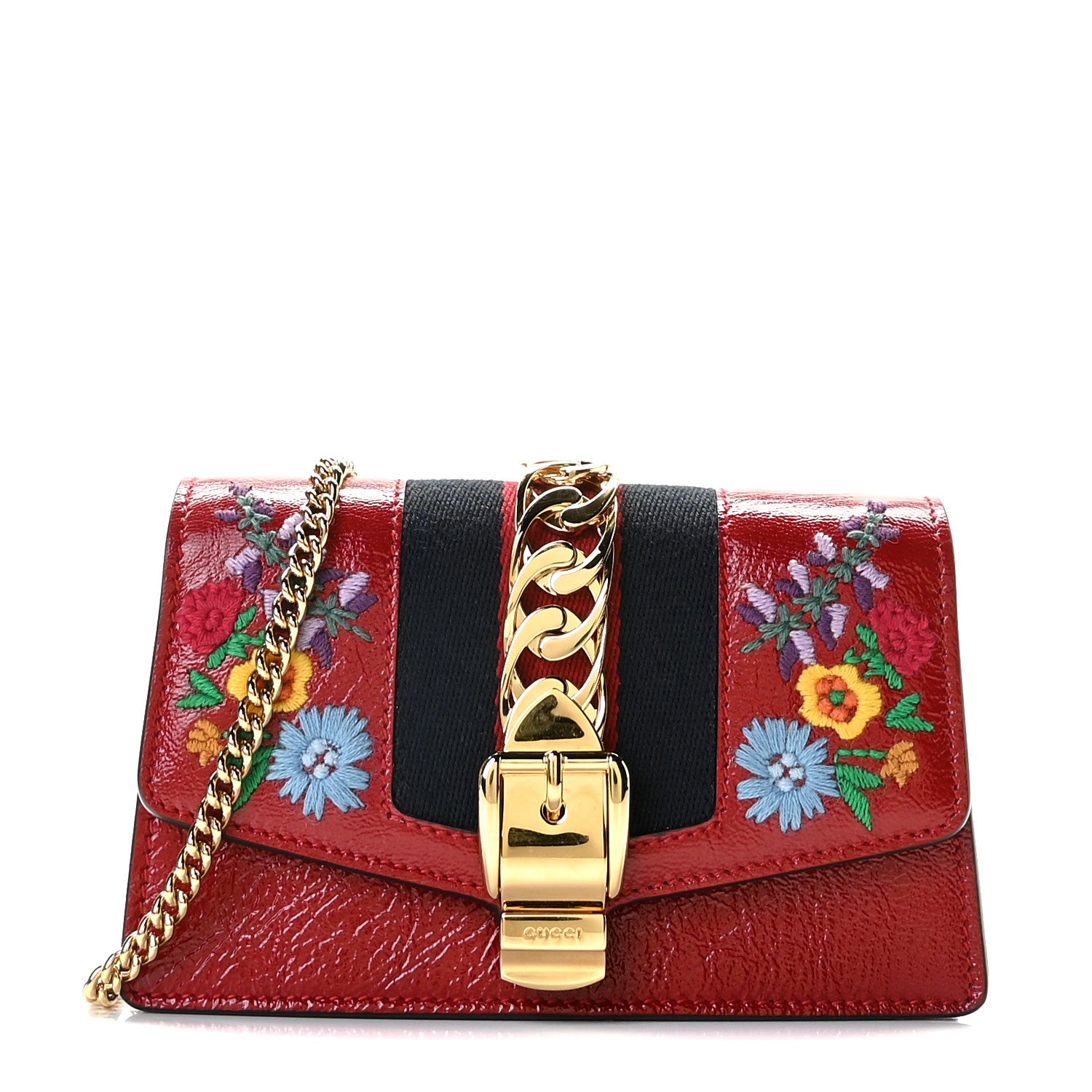 Gucci Patent Embroidered Super Mini Sylvie Chain Shoulder Bag Red 1 of 9