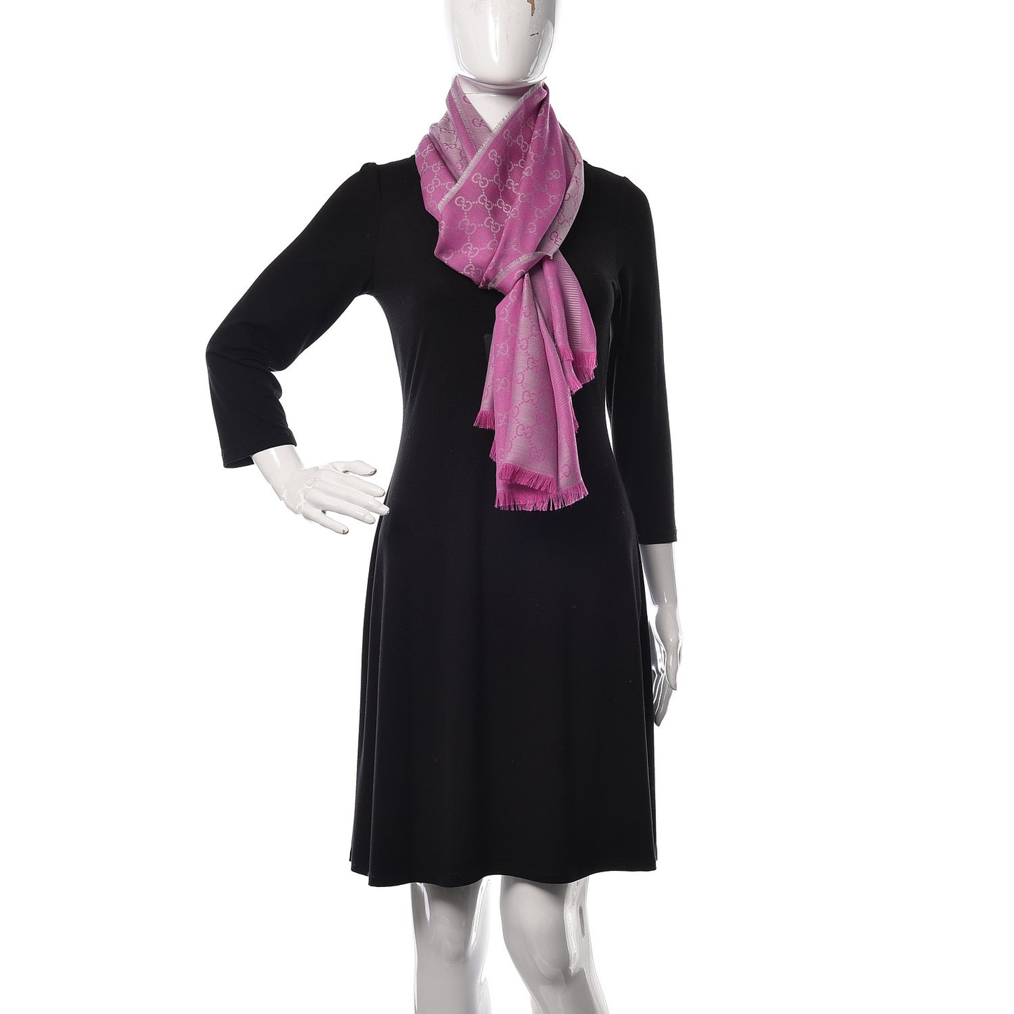 Wool Silk GG Monogram GGWeblong Fringe Scarf Shawl Zinc Pink