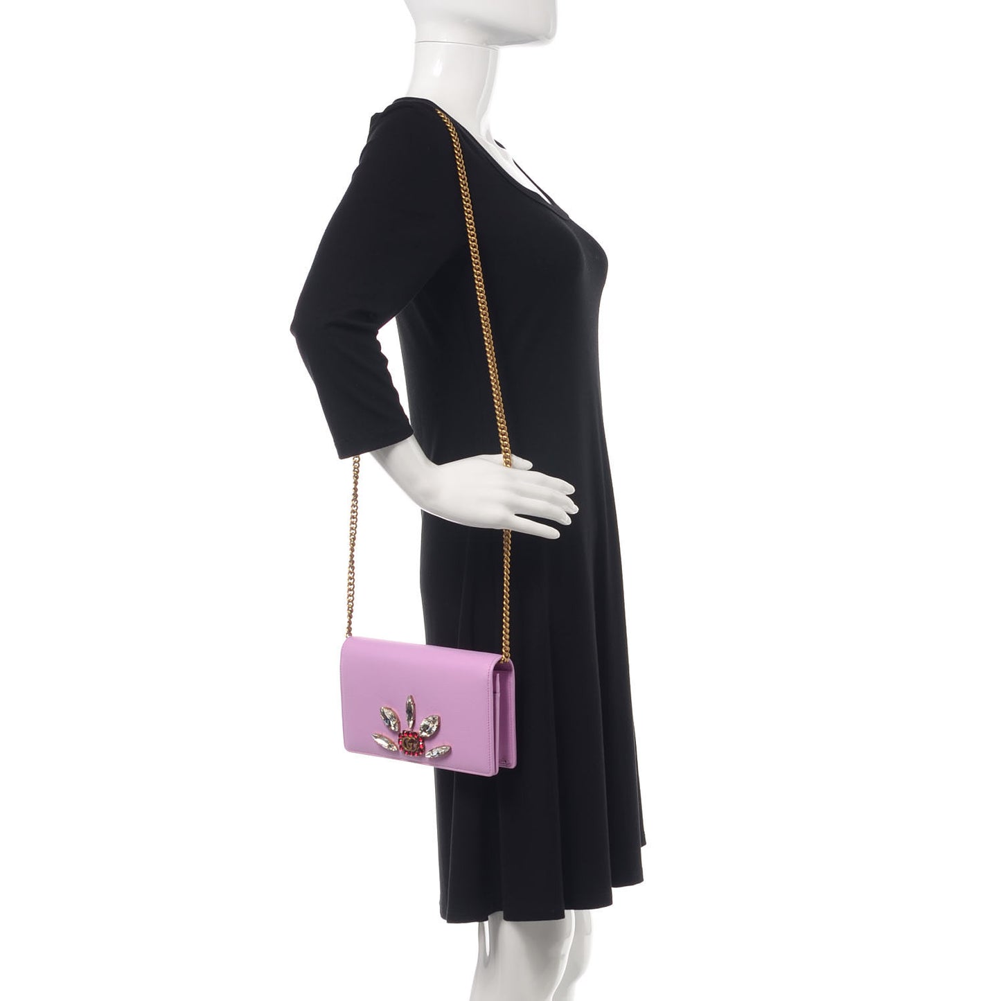 Calfskin Marquise Crystals Mini GG Chain Wallet Malva