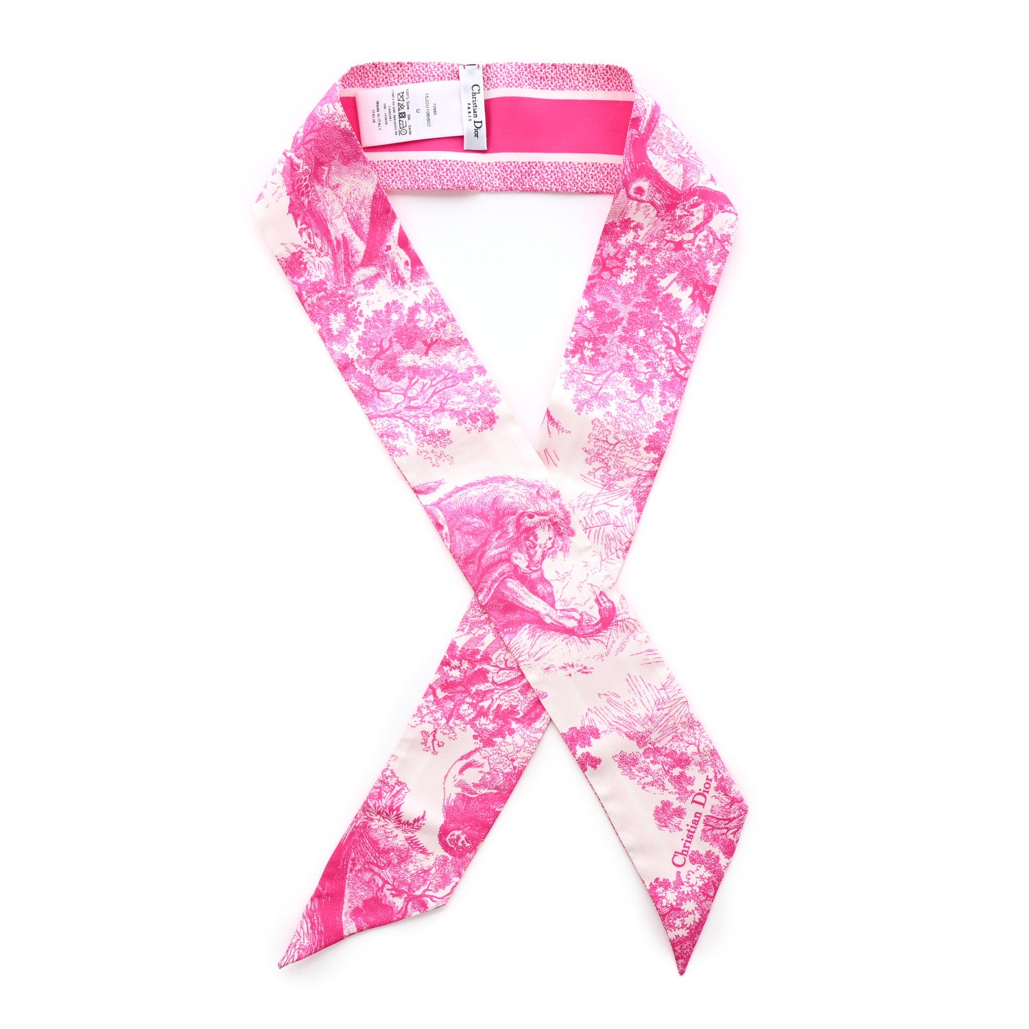Christian Dior Silk Toile De Jouy Mitzah Scarf Ivory Fluorescent Pink 1 of 4