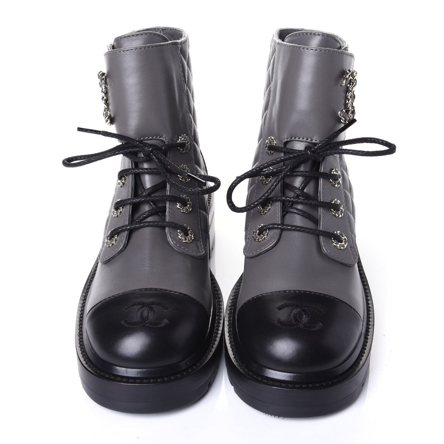Shiny Lambskin Quilted Lace Up Combat Boots 38.5 Grey Black
