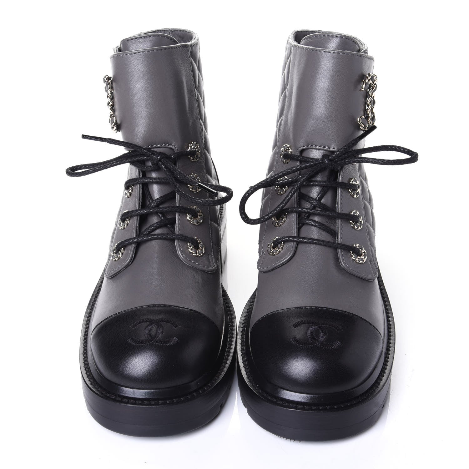 Chanel Shiny Lambskin Quilted Lace Up Combat Boots 38.5 Grey Black 5 of 11