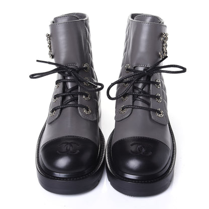 Chanel Shiny Lambskin Quilted Lace Up Combat Boots 38.5 Grey Black 5 of 11