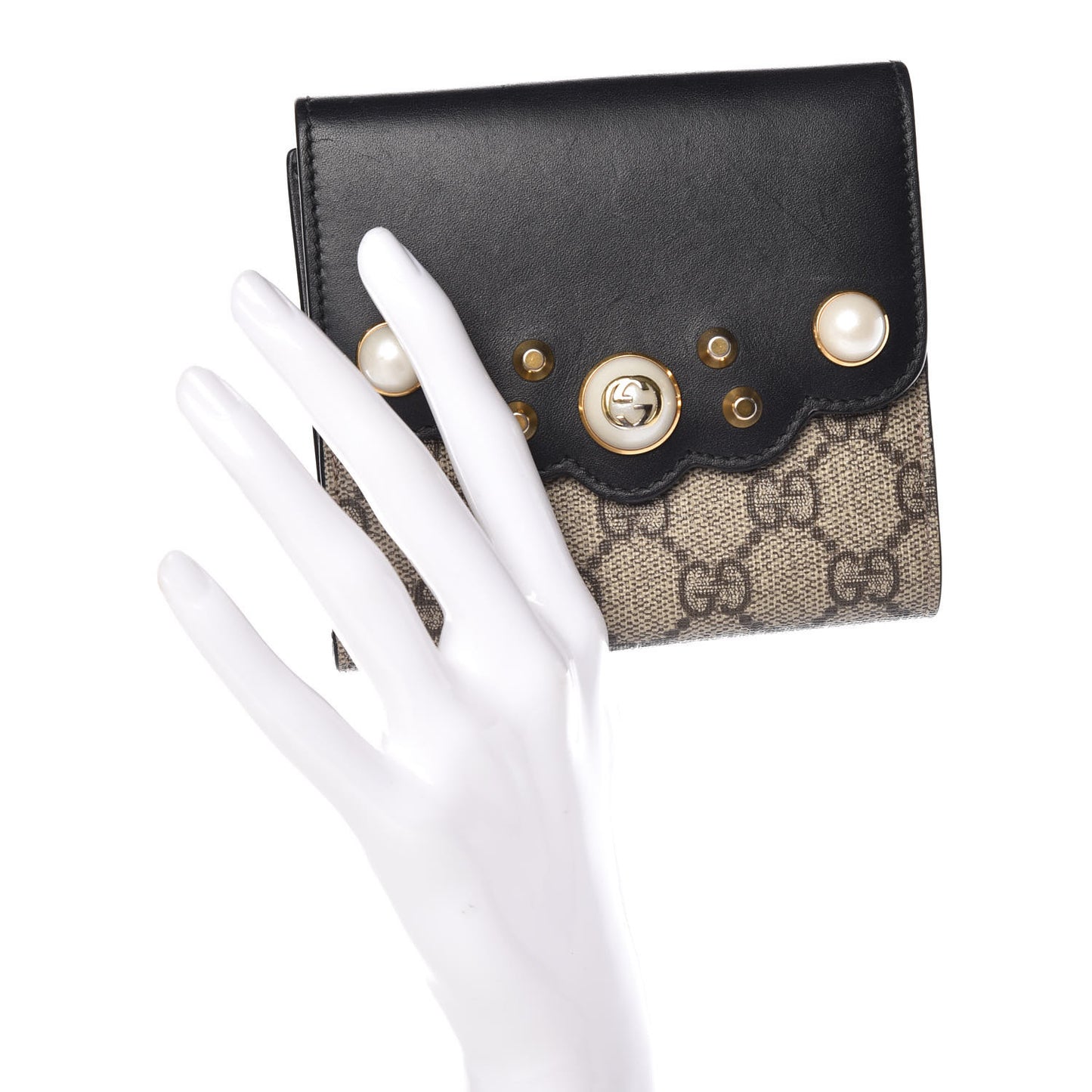 GG Supreme Monogram Pearl Studded French Wallet Black