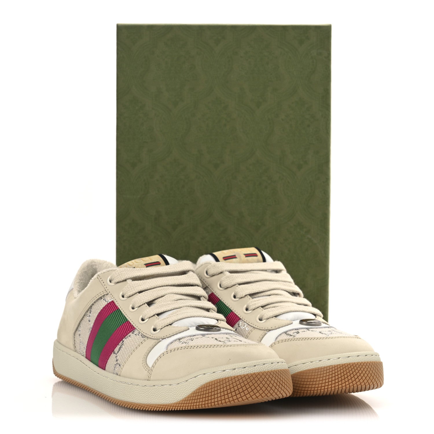 Gucci Calfskin Lame GG Monogram Web Womens Screener Sneakers 39 Gardenia Silver Dusty Milk White 14 of 14
