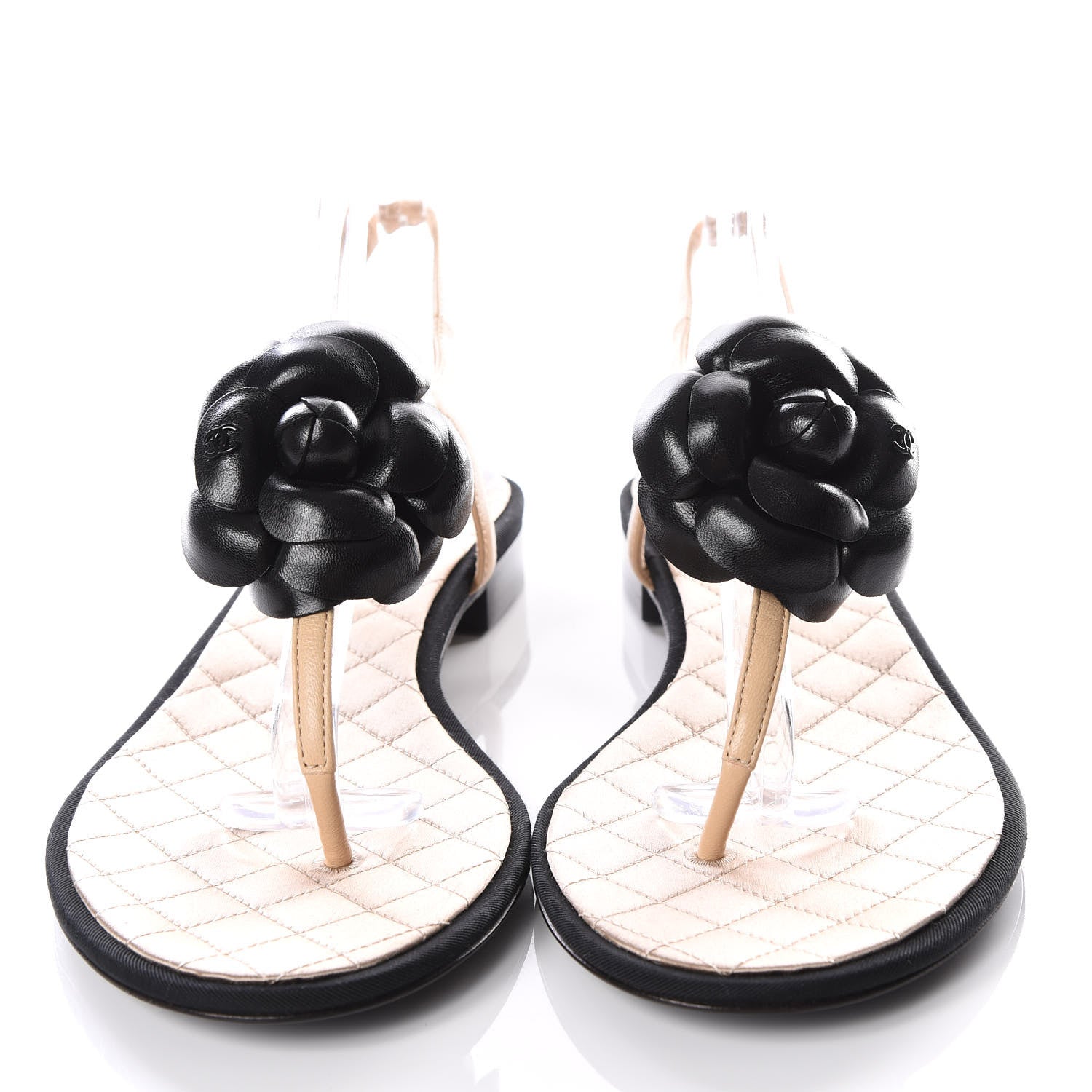 Chanel Lambskin Camellia Thong Sandals 39 Beige Black 3 of 8