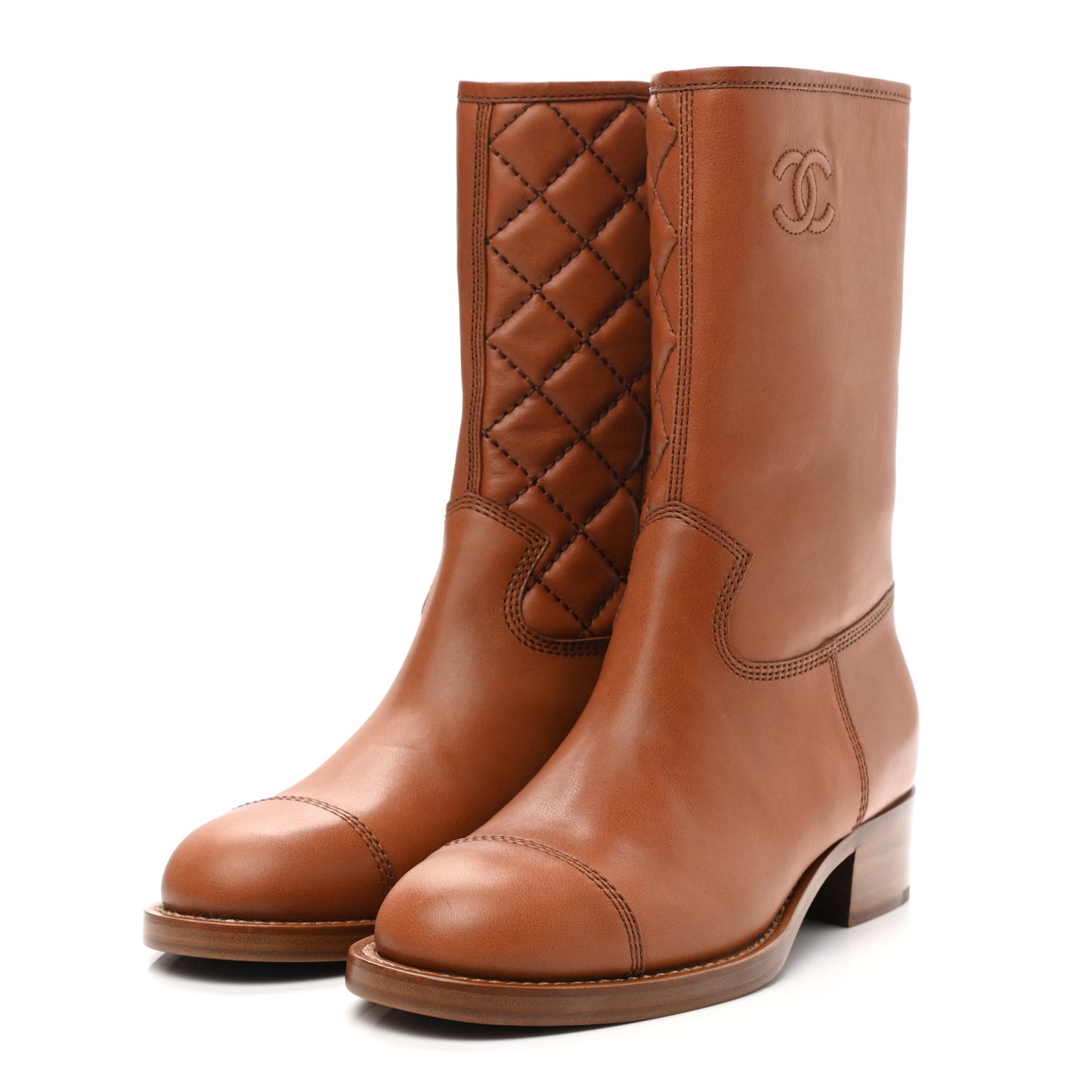 Calfskin CC Logo Mid Calf Boots 38.5 Caramel