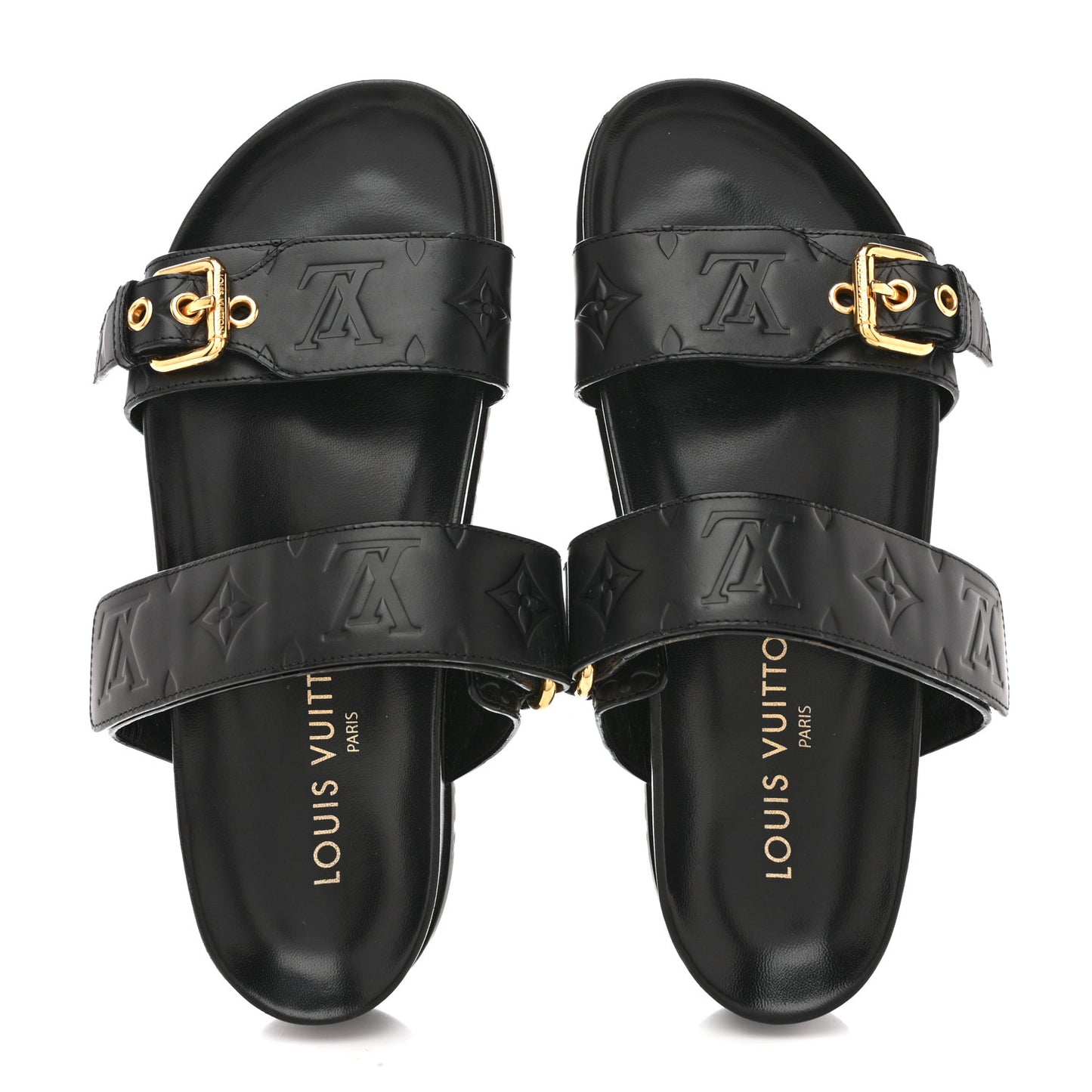 Lambskin Embossed Monogram Bom Dia Flat Mule Sandals 38 Black