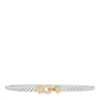 David Yurman Sterling Silver 18K Yellow Gold Diamond 3mm Cable Buckle Bracelet 1 of 3