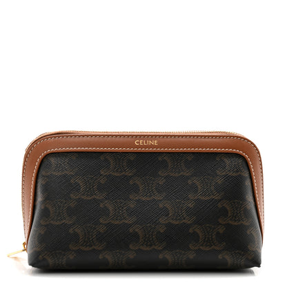 Celine Triomphe Canvas Calfskin Small Cosmetic Pouch Tan 1 of 9