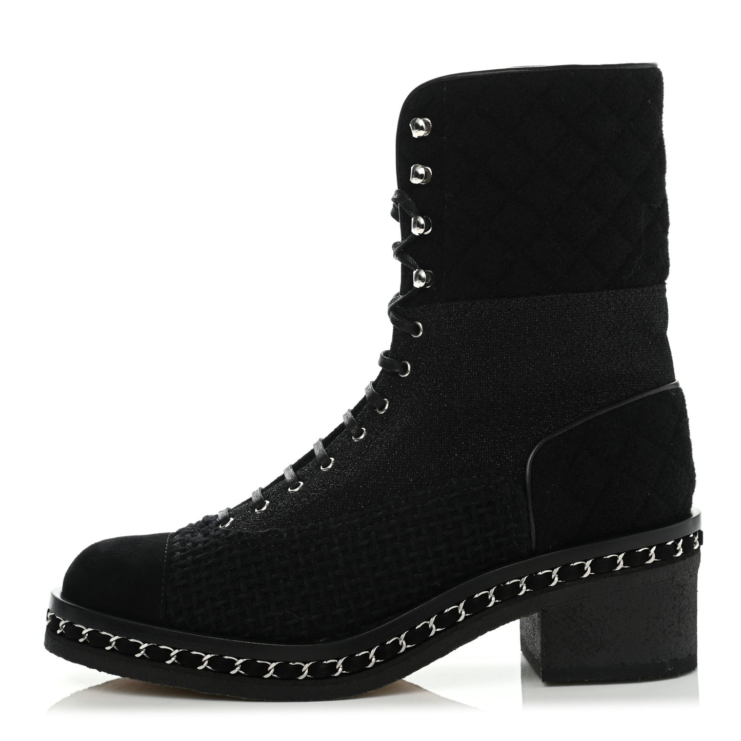 Tweed Suede Quilted Chain Short Boots 40 Black