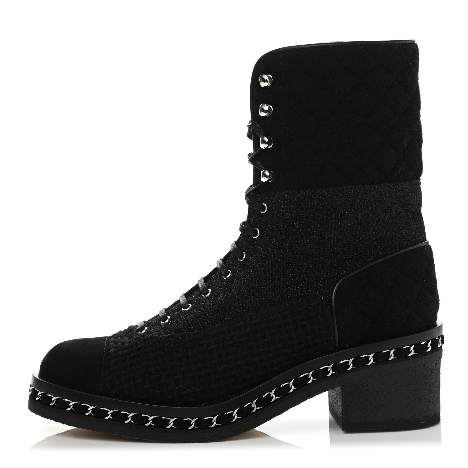Chanel Tweed Suede Quilted Chain Short Boots 40 Black 1 of 8