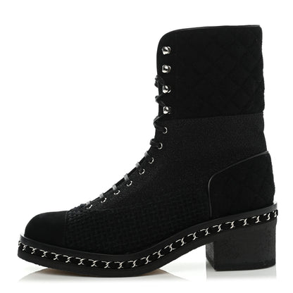 Chanel Tweed Suede Quilted Chain Short Boots 40 Black 1 of 8