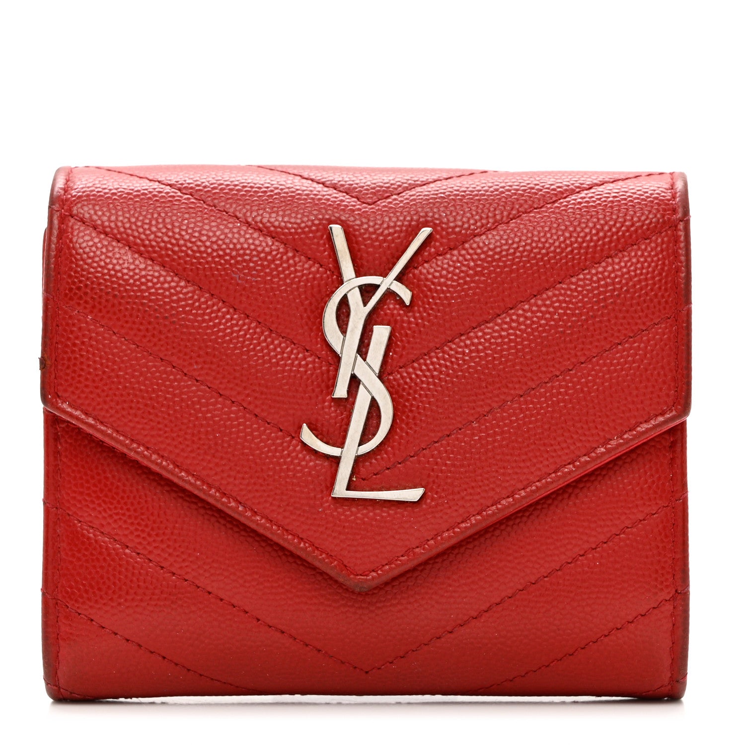 Saint Laurent Grain De Poudre Matelasse Chevron Monogram Compact Tri Fold Wallet Red 1 of 9