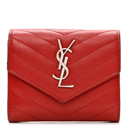 Saint Laurent Grain De Poudre Matelasse Chevron Monogram Compact Tri Fold Wallet Red 1 of 9