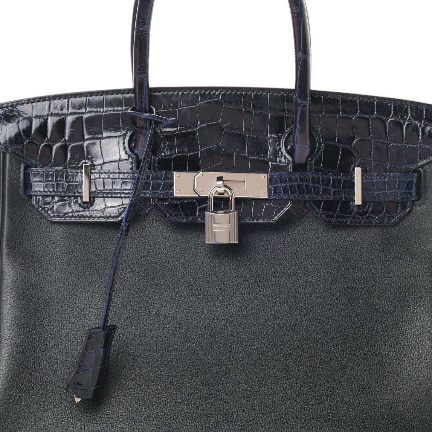 Taurillon Novillo Shiny Niloticus Crocodile Birkin Touch 30 Black Bleu Marine