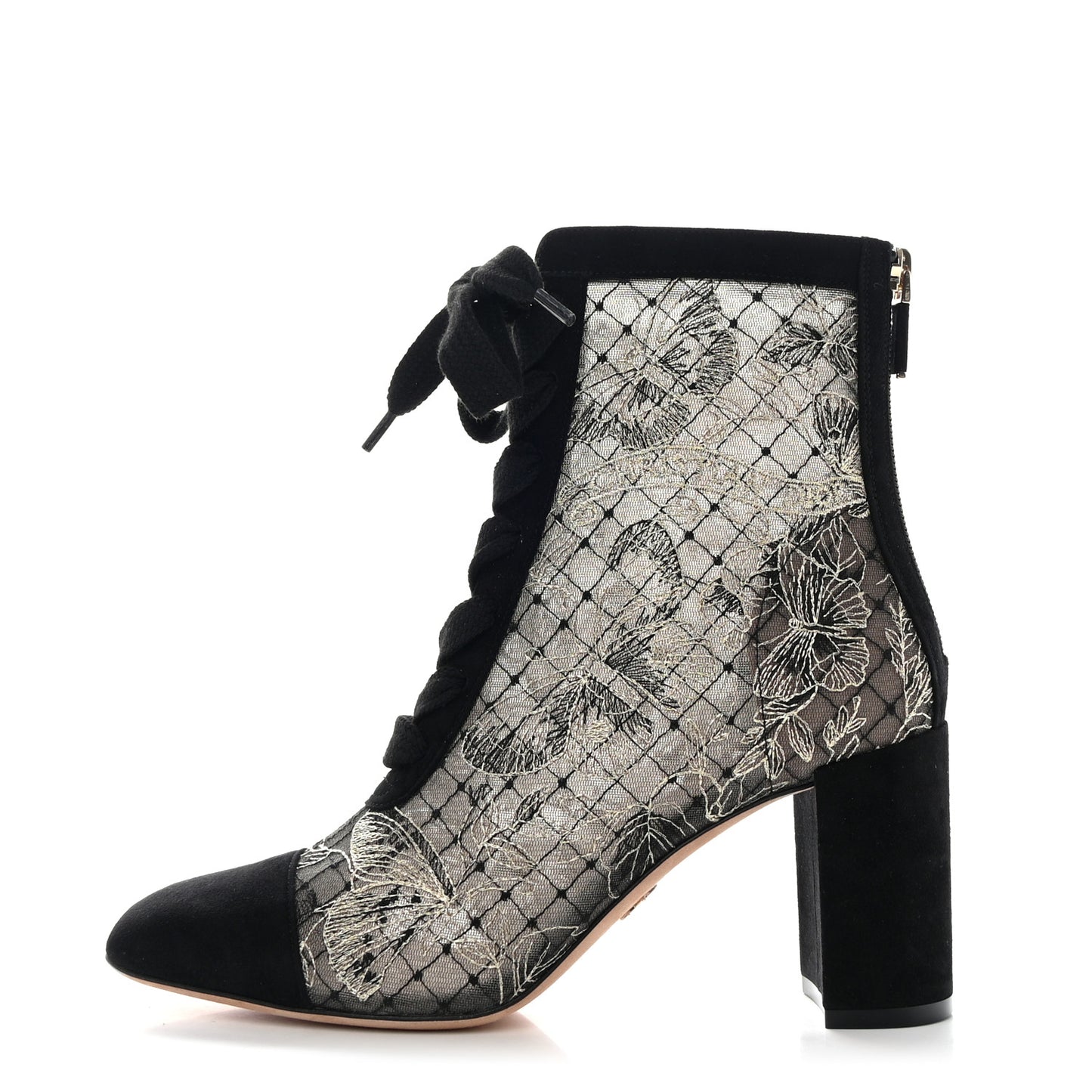 Suede Lurex Butterfly Embroidered Naughtily-D Heeled Ankle Boots 37 Black Gold