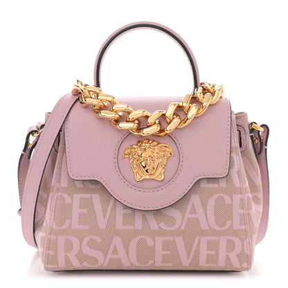 Versace Calfskin Canvas Allover La Medusa Small Top Handle Handbag Pink 1 of 11