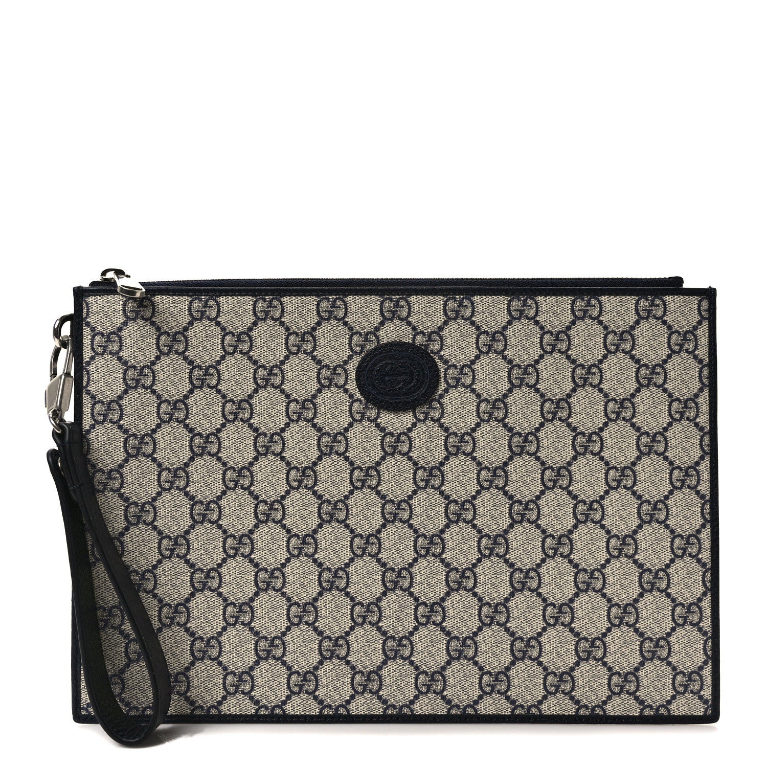 Gucci GG Supreme Monogram Textured Dollar Calfskin Retro Interlocking G Wristlet Pouch Beige Blue 1 of 6