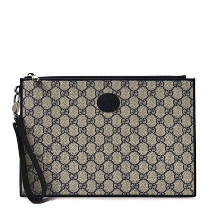 Gucci GG Supreme Monogram Textured Dollar Calfskin Retro Interlocking G Wristlet Pouch Beige Blue 1 of 6
