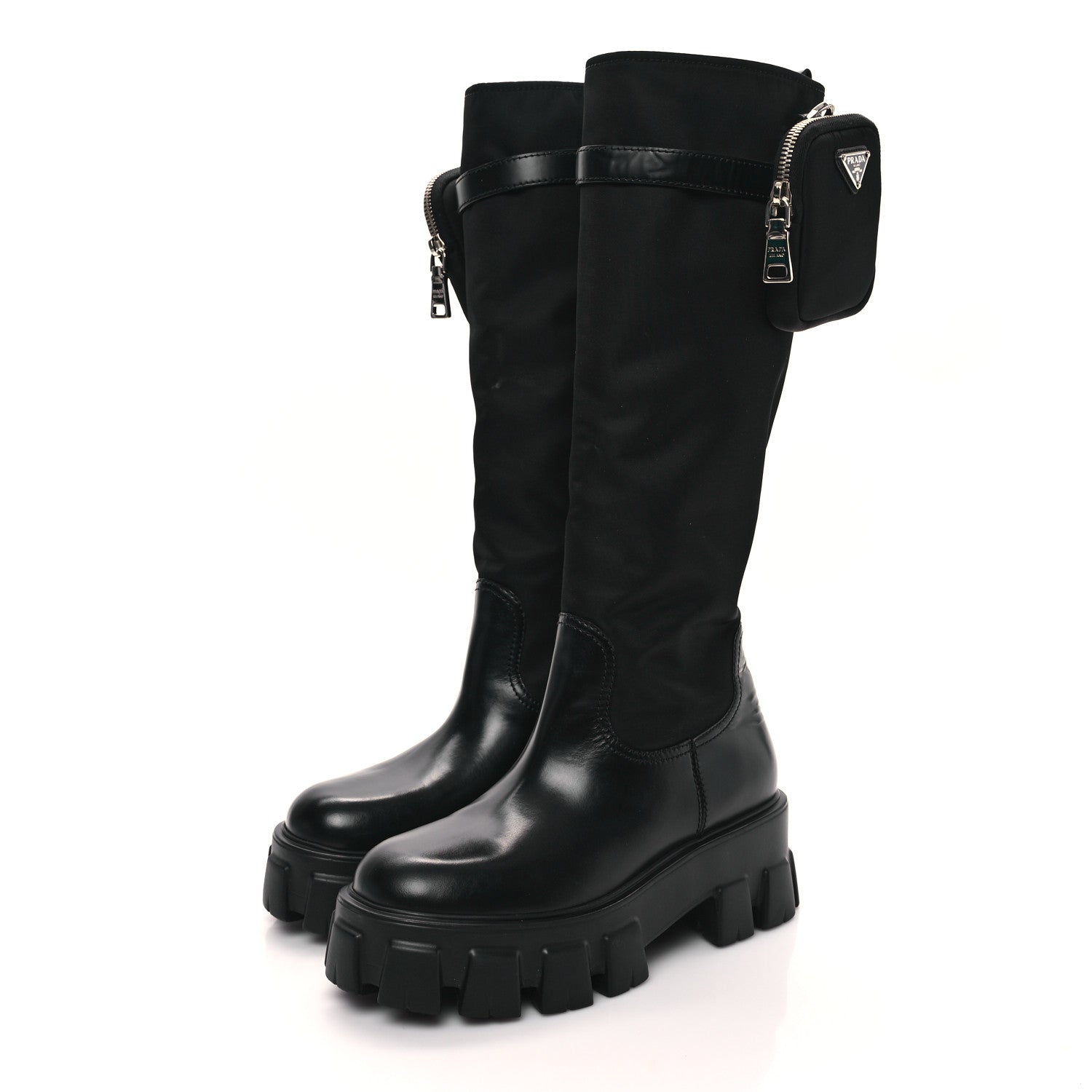 Prada Spazzolato Rois Re-Nylon Metal Triangle Logo Monolith Pouch Pocket 55mm Tall Boots 38 Black 3 of 9