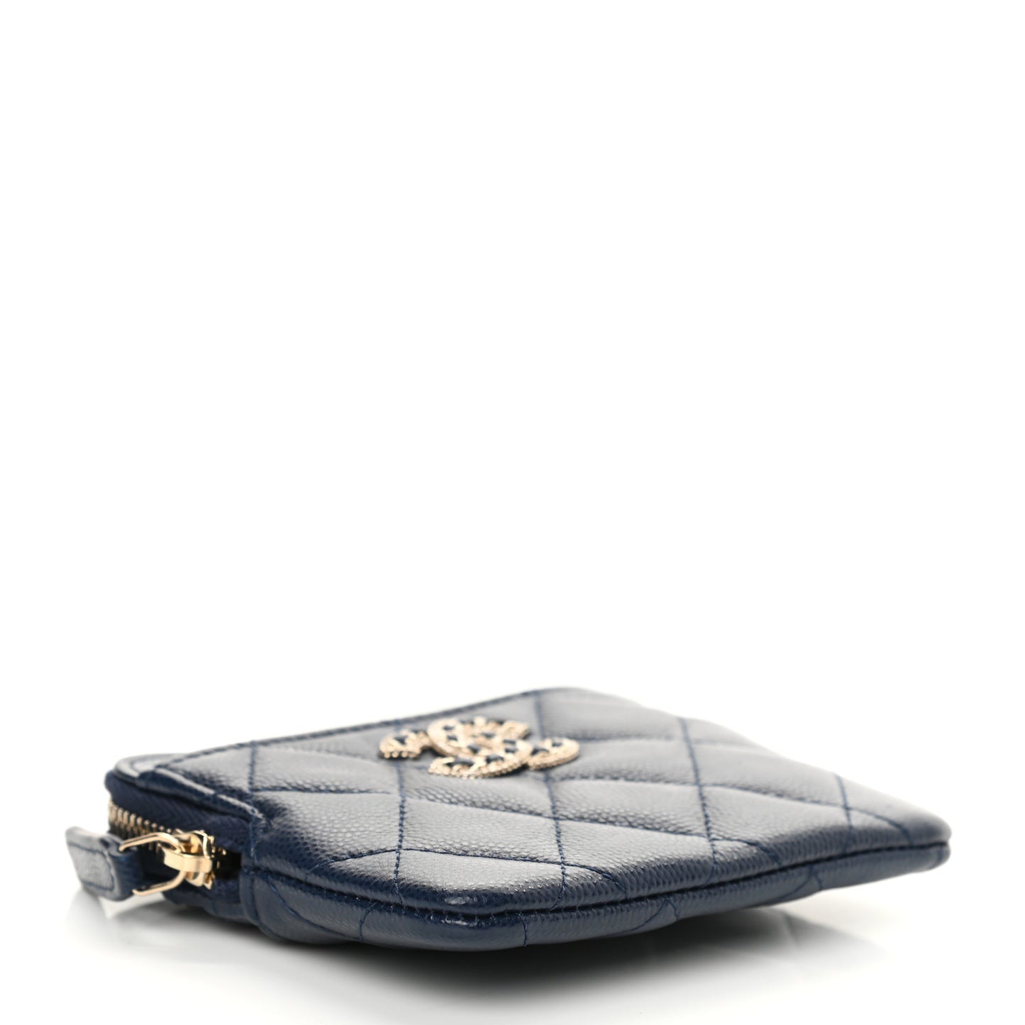 Caviar Quilted Crystal Zip Card Holder Wallet Navy