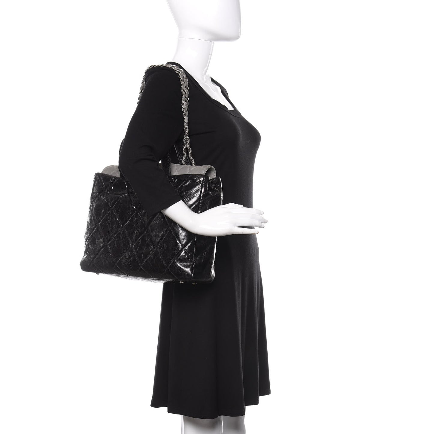 Glazed Calfskin Lambskin Quilted Portobello Tote Black Grey