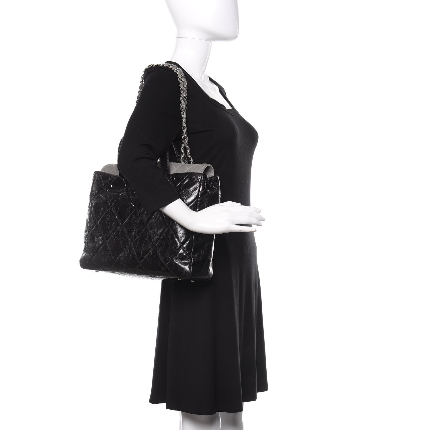Chanel Glazed Calfskin Lambskin Quilted Portobello Tote Black Grey 2 of 10
