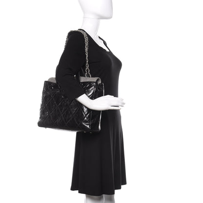 Chanel Glazed Calfskin Lambskin Quilted Portobello Tote Black Grey 2 of 10