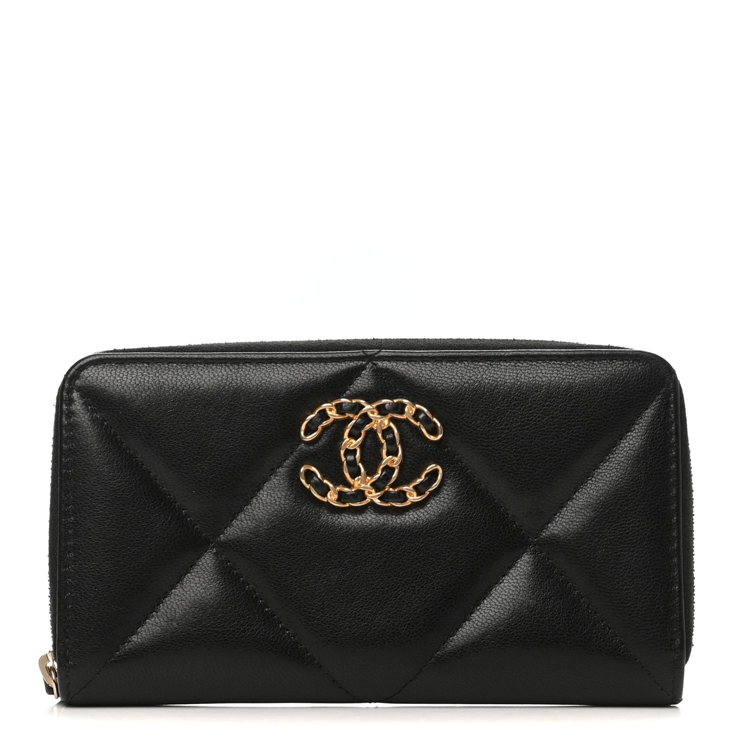 Shiny Goatskin Quilted Chanel 19 Long Zipped Around Wallet Black