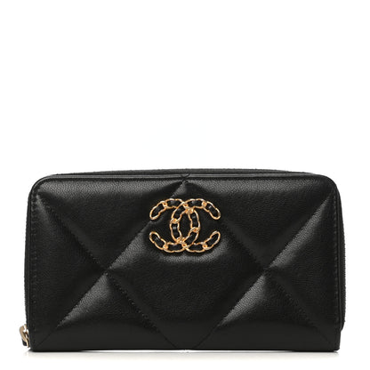 Chanel Shiny Goatskin Quilted Chanel 19 Long Zipped Around Wallet Black 1 of 9